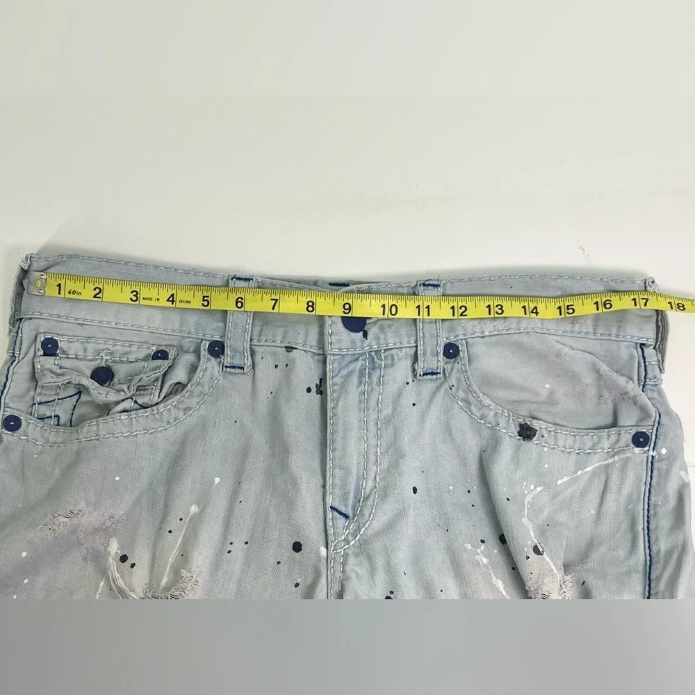 True Religion Light Blue Paint Splatter Acid Wash Straight Leg Jeans 34” x 32”